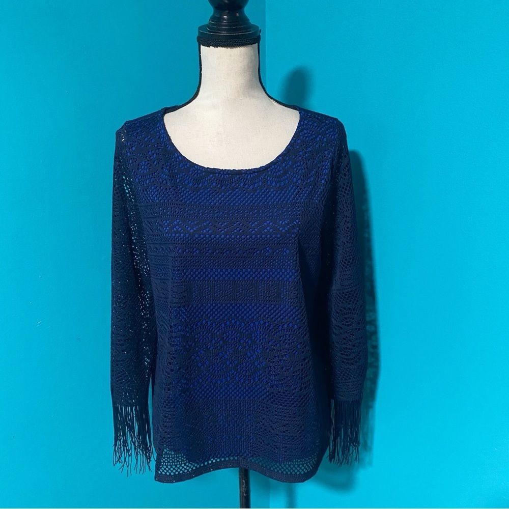 Kay Celine L Navy Blue Black Fringe Bateau Top